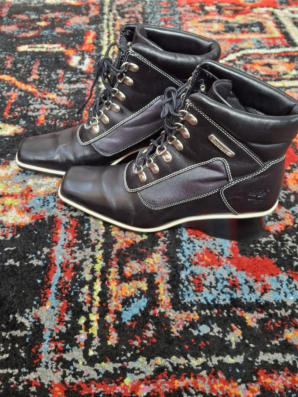 Vtg Timberlands Leather Women's Black&WhiteLace-Up Wedge Ankle Boots  Size 7.5